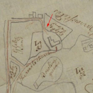 Ill. 5.4.2: Undated sketch plan of Middleton village (c late 18th century), with the site of the Grapes in the glebe land arrowed